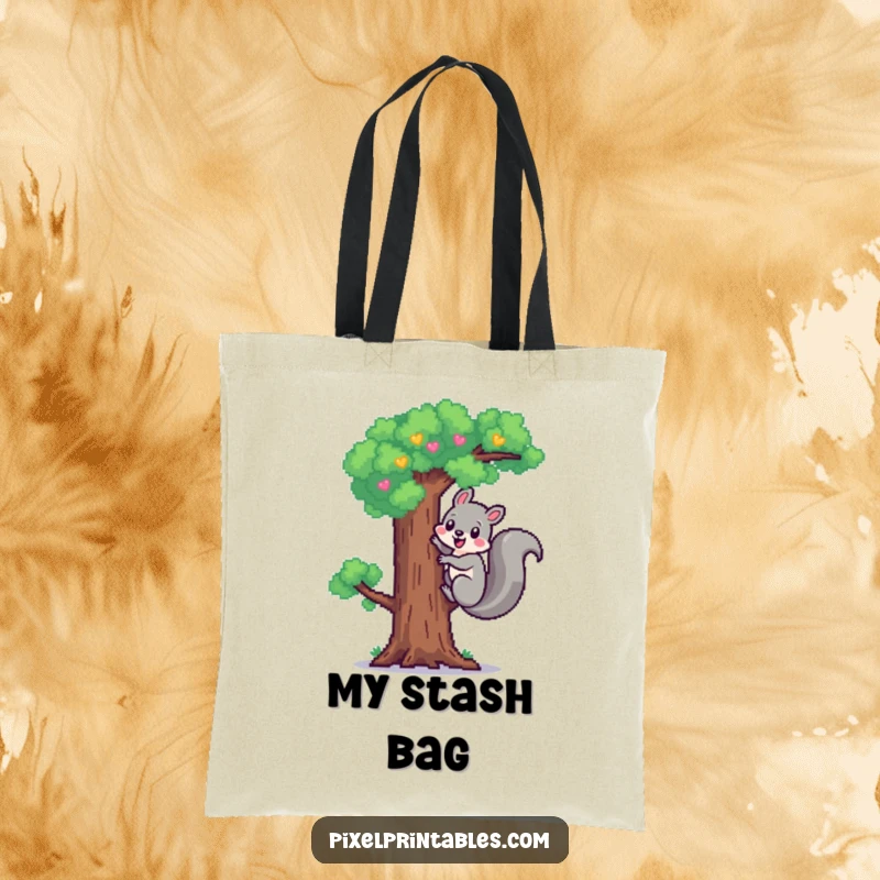 Funny Pixel Squirrel Tote Bag: Cheerful pixelated squirrel climbing a pixel tree, handy pixel art tote.