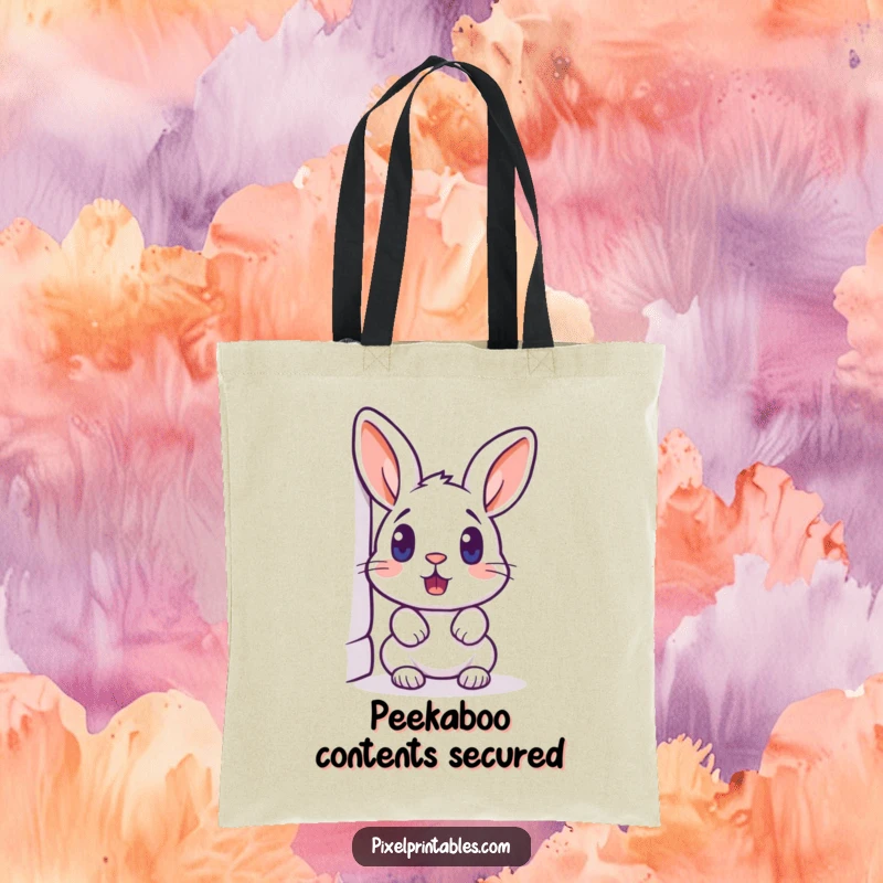 Funny pixelated rabbit peeking around a corner, surprised expression, retro pixel art tote bag, durable and stylish.