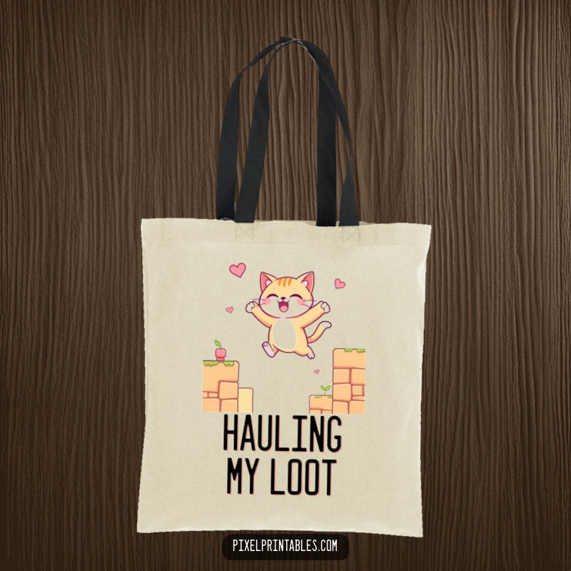 Funny tote bag with a cheerful cat character leaping across pixelated platforms, celebrating the joy of platformer games.