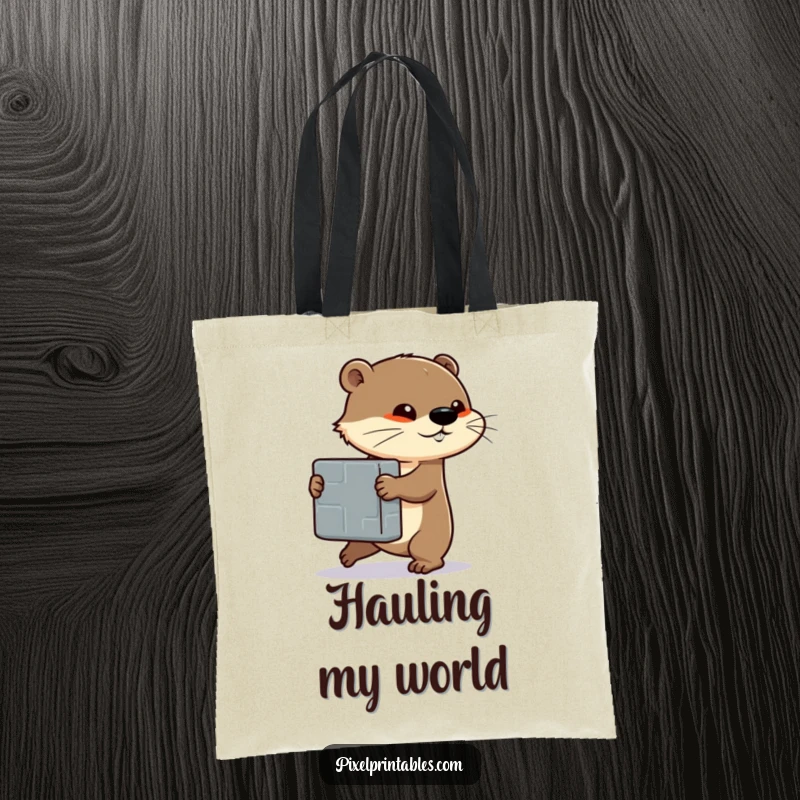 Funny tote bag with a determined otter character pushing a large pixelated block, symbolizing strength and progress.