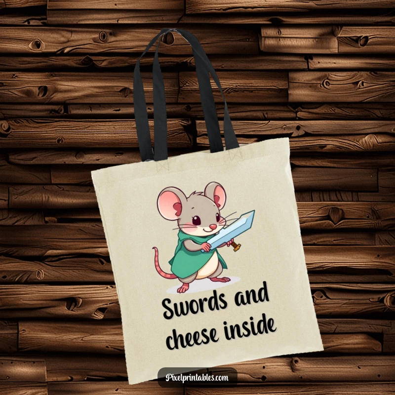 Funny tote bag featuring a curious mouse crafting a pixel sword, a charming accessory for fantasy lovers.